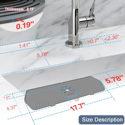 Sink Drain Mat Behind Faucet,Faucet Guard Draining Mat, 90° Foldable Tap Draining Mat for Kitchen Sink with 2 Water Ports, Faucet Drain Mats for Kitchen, Bathroom, etc (Gray, 17.7"*5.78").
