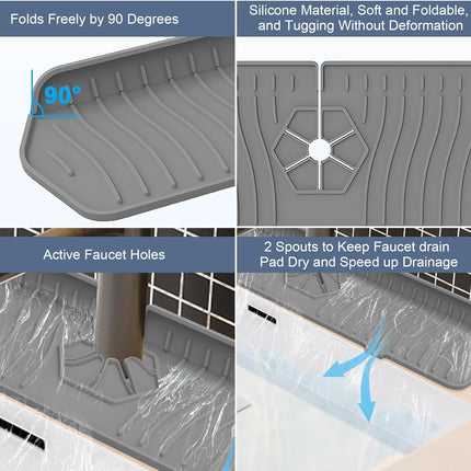 Sink Drain Mat Behind Faucet,Faucet Guard Draining Mat, 90° Foldable Tap Draining Mat for Kitchen Sink with 2 Water Ports, Faucet Drain Mats for Kitchen, Bathroom, etc (Gray, 17.7"*5.78").