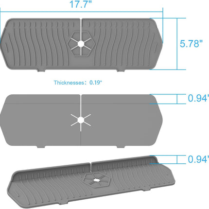 Sink Drain Mat Behind Faucet,Faucet Guard Draining Mat, 90° Foldable Tap Draining Mat for Kitchen Sink with 2 Water Ports, Faucet Drain Mats for Kitchen, Bathroom, etc (Gray, 17.7"*5.78").