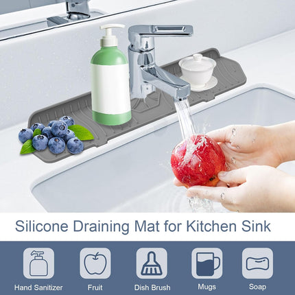 Sink Drain Mat Behind Faucet,Faucet Guard Draining Mat, 90° Foldable Tap Draining Mat for Kitchen Sink with 2 Water Ports, Faucet Drain Mats for Kitchen, Bathroom, etc (Gray, 17.7"*5.78").