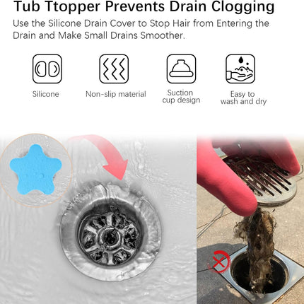 Silicone Drain Cover, Bath Drain Cover with 5 Strong Suction Cups, 6 inch Large Bath Stopper, Tub Stopper for Kitchen, Bathroom, 2 Pack（Blue）.