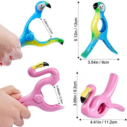 Beach Towel Clips,  Jumbo Size Towel Clips for Beach Chairs Cruise Pool Patio or Daily Use-Secure Hang Seal, Set of 4 (Flamingo Parrot).