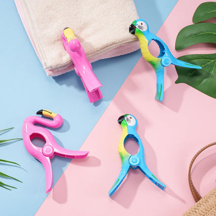 Beach Towel Clips,  Jumbo Size Towel Clips for Beach Chairs Cruise Pool Patio or Daily Use-Secure Hang Seal, Set of 4 (Flamingo Parrot).