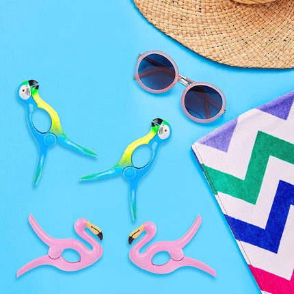 Beach Towel Clips,  Jumbo Size Towel Clips for Beach Chairs Cruise Pool Patio or Daily Use-Secure Hang Seal, Set of 4 (Flamingo Parrot).