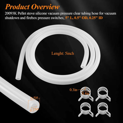 20093K Pellet Stove Silicone Vacuum Pressure Hose for Vacuum Shutdown and Firebox Pressure Switches, Fit for Most Englander Pellet Stove Models, 5 Feet Clear Tubing Hose with 4 Clips, Part# PU-VH.