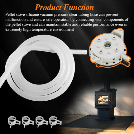 20093K Pellet Stove Silicone Vacuum Pressure Hose for Vacuum Shutdown and Firebox Pressure Switches, Fit for Most Englander Pellet Stove Models, 5 Feet Clear Tubing Hose with 4 Clips, Part# PU-VH.