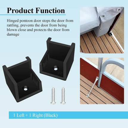 1 Left + 1 Right (Black) Hand Hinge with Ribs, Anti-Rattle Pontoon Gate Door Stop for 1-1/4" Square Tubing, Injection Molded Pontoon Door Stop, Screw Included, Direct Mounting with 1#10 Screws.