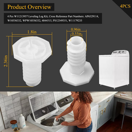 W11213957 Leveling Leg Kit Fit for Whirlpool, Maytag, KitchenAid etc Washing Machines, Leveling Feet Cross Reference Part Numbers:AP6329114, W10556332, WPW10556332, 4844515, PS12349351, W11179235,4Pcs.