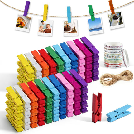 Mini Clothespins,  100 Pcs 1.4'' Strong Mini Clothespins for Photos with 10 Pcs Washi Tapes and 43 Ft Jute Twine, Colorful Wooden Small Clothes Pins for Picture, Crafts, Baby Shower.