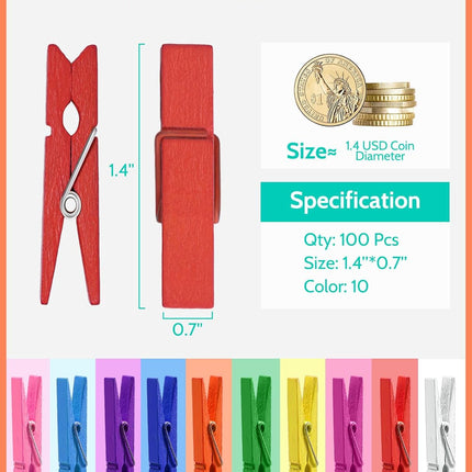 Mini Clothespins,  100 Pcs 1.4'' Strong Mini Clothespins for Photos with 10 Pcs Washi Tapes and 43 Ft Jute Twine, Colorful Wooden Small Clothes Pins for Picture, Crafts, Baby Shower.