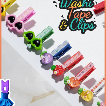 Mini Clothespins,  100 Pcs 1.4'' Strong Mini Clothespins for Photos with 10 Pcs Washi Tapes and 43 Ft Jute Twine, Colorful Wooden Small Clothes Pins for Picture, Crafts, Baby Shower.