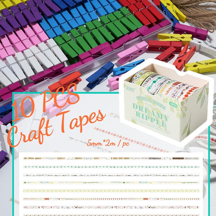 Mini Clothespins,  100 Pcs 1.4'' Strong Mini Clothespins for Photos with 10 Pcs Washi Tapes and 43 Ft Jute Twine, Colorful Wooden Small Clothes Pins for Picture, Crafts, Baby Shower.