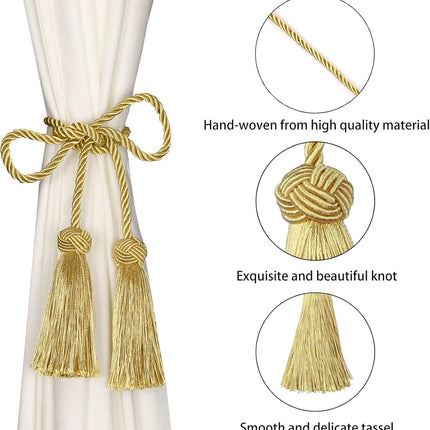 2 Pack Curtain Handmade Tiebacks Decorative Curtain Holdbacks with Tassel (Gold, 2 Pack).