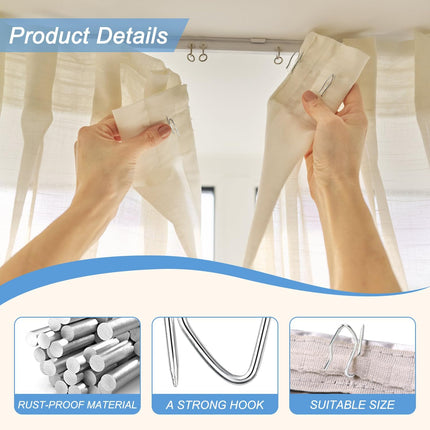 Metal Curtain Hooks, 200pcs Drapery Pins Stainless Steel Pin-on Hooks for Window Shower Door Curtain, Silver White.