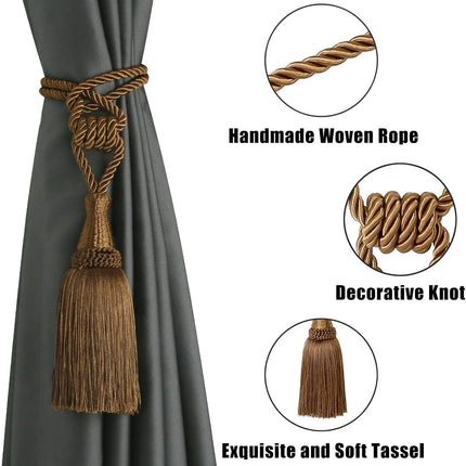 Curtain Tiebacks Handmade Holdbacks for Curtains Drape Decorative Tie Backs with Tassels(Coffee, 2 Pack).