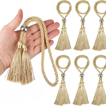 Napkin Rings with Polyester Rope Tassels, Napkin Ring Holder with Metal Bead Trim for Dining Table, Wedding, Dinner, Party, DIY Decoration, Set of 6 (6, Golden).