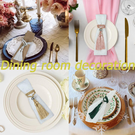 Napkin Rings with Polyester Rope Tassels, Napkin Ring Holder with Metal Bead Trim for Dining Table, Wedding, Dinner, Party, DIY Decoration, Set of 6 (6, Golden).