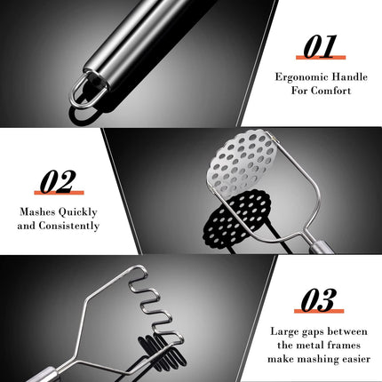 Potato Masher,  2 Pack Stainless Steel Integrated Kitchen Tool Food Masher for Potatoes, Vegetables, Berries, Fruits, Baby Food, Avocado.