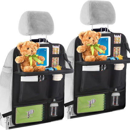 2 Pcs Backseat Car Organizers with Table Tray, 6 Storage Pockets Car Organizer with Tablet Holder, Kick Mats Protectors for Kids Travel Accessories Black, Unisex(Classic,Black).