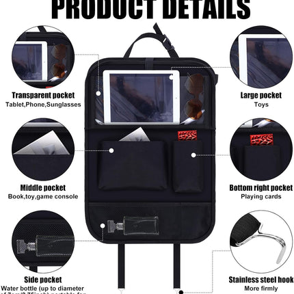 2 Pcs Backseat Car Organizers with Table Tray, 6 Storage Pockets Car Organizer with Tablet Holder, Kick Mats Protectors for Kids Travel Accessories Black, Unisex(Classic,Black).