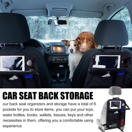 2 Pcs Backseat Car Organizers with Table Tray, 6 Storage Pockets Car Organizer with Tablet Holder, Kick Mats Protectors for Kids Travel Accessories Black, Unisex(Classic,Black).