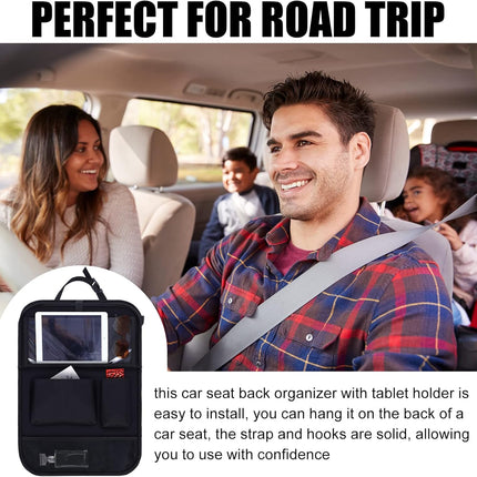 2 Pcs Backseat Car Organizers with Table Tray, 6 Storage Pockets Car Organizer with Tablet Holder, Kick Mats Protectors for Kids Travel Accessories Black, Unisex(Classic,Black).