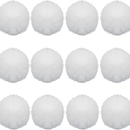 12 Pack Small Faux Fur Pom Pom Balls, 2.75 inch Fluffy Pompom Ball Elastic Loop Accessories, White Pompoms for Hats/Shoes/Scarves/Gloves/Bags.