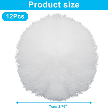 12 Pack Small Faux Fur Pom Pom Balls, 2.75 inch Fluffy Pompom Ball Elastic Loop Accessories, White Pompoms for Hats/Shoes/Scarves/Gloves/Bags.