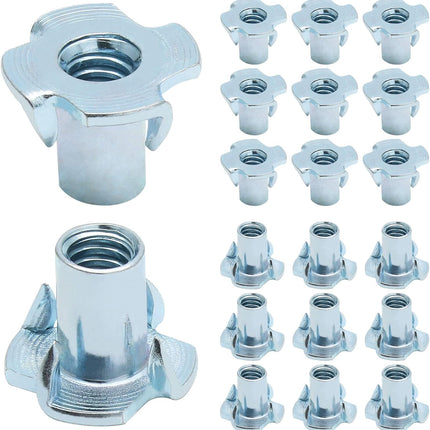50 Pack 1/4"-20 T-Nuts, Four Pronged Tee Nut for Wood, Rock, Climbing Holds, Cabinetry (1/4"-20 x 9/16").
