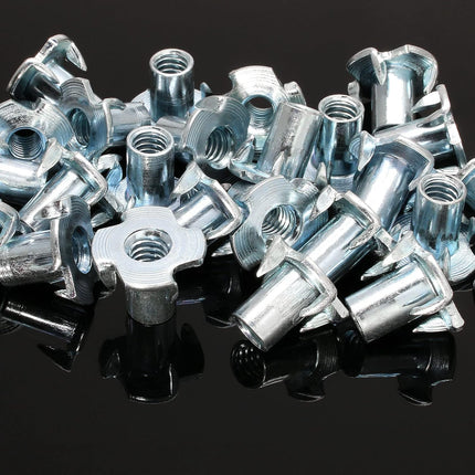 50 Pack 1/4"-20 T-Nuts, Four Pronged Tee Nut for Wood, Rock, Climbing Holds, Cabinetry (1/4"-20 x 9/16").