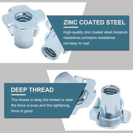 50 Pack 1/4"-20 T-Nuts, Four Pronged Tee Nut for Wood, Rock, Climbing Holds, Cabinetry (1/4"-20 x 9/16").