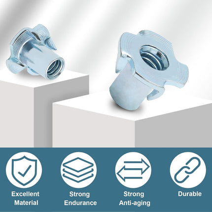 50 Pack 1/4"-20 T-Nuts, Four Pronged Tee Nut for Wood, Rock, Climbing Holds, Cabinetry (1/4"-20 x 9/16").