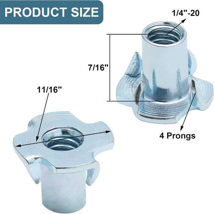 50 Pack 1/4"-20 T-Nuts, Four Pronged Tee Nut for Wood, Rock, Climbing Holds, Cabinetry (1/4"-20 x 9/16").