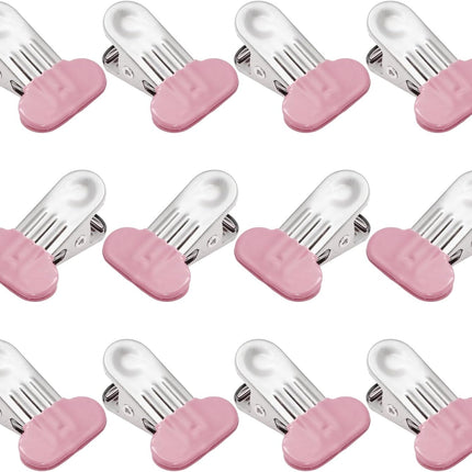 12 Pack Chip Bag Clips with Silicone Edges, 1.5 Inches Wide Chip Clips Food Clips Bag Clips Stainless Steel Food Bag Clips - Air Tight Seal, Heavy Duty for Kitchen and Office, Pink.