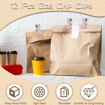 12 Pack Chip Bag Clips with Silicone Edges, 1.5 Inches Wide Chip Clips Food Clips Bag Clips Stainless Steel Food Bag Clips - Air Tight Seal, Heavy Duty for Kitchen and Office, Pink.
