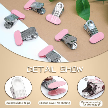 12 Pack Chip Bag Clips with Silicone Edges, 1.5 Inches Wide Chip Clips Food Clips Bag Clips Stainless Steel Food Bag Clips - Air Tight Seal, Heavy Duty for Kitchen and Office, Pink.