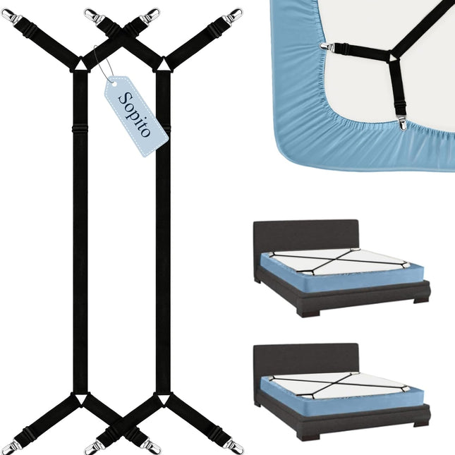 Sheet Straps, Adjustable Bed Sheet Suspenders Max Stretch from 29.5 in to 82.7 in Compatible for Crib to King Size Bed, Non Slip Holder Fasteners Clips, 2pcs/Black