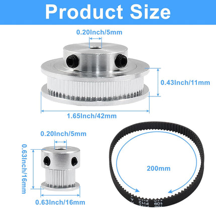 2Pcs Set GT2 Synchronous Wheel 20&60 Teeth 5mm Bore Aluminum Timing Pulley with 2Pcs Length 200mm Width 6mm Belt.