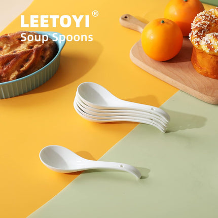 Asian Soup Spoons Set of 6, Ceramic Japanese Soup Spoons, Ramen Spoon for Cereal Wonton Dumpling Noodles,Table Spoon Set Dishwasher Safe Easy To Clean, White.