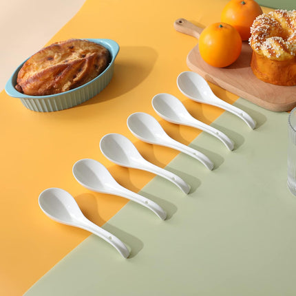Asian Soup Spoons Set of 6, Ceramic Japanese Soup Spoons, Ramen Spoon for Cereal Wonton Dumpling Noodles,Table Spoon Set Dishwasher Safe Easy To Clean, White.