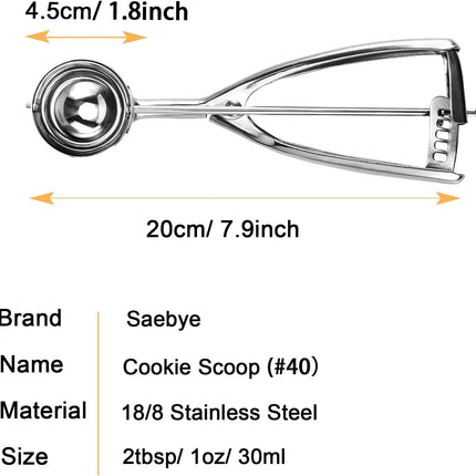 Medium Cookie Scoop, 2 Tbsp / 30ml / 1 oz, Size #40 Cookie Dough Scoop, Cookie Scoops for Baking, 1 25/32 inches / 4.5 CM Ball, 18/8 Stainless Steel, Secondary Polishing.