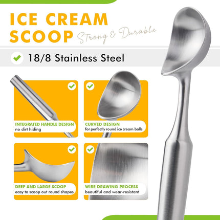 Ice Cream Scoop Stainless Steel. Ice Cream Scooper, Heavy Duty, Seamless Design, Comfortable Grip Long Handle, for Ice Cream, Gelato, Sorbet, Cookie Dough, Melon, Frozen Yogurt.