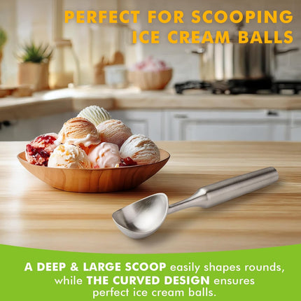 Ice Cream Scoop Stainless Steel. Ice Cream Scooper, Heavy Duty, Seamless Design, Comfortable Grip Long Handle, for Ice Cream, Gelato, Sorbet, Cookie Dough, Melon, Frozen Yogurt.
