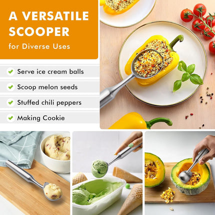 Ice Cream Scoop Stainless Steel. Ice Cream Scooper, Heavy Duty, Seamless Design, Comfortable Grip Long Handle, for Ice Cream, Gelato, Sorbet, Cookie Dough, Melon, Frozen Yogurt.