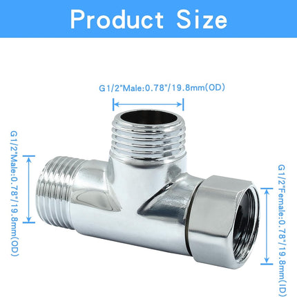 G1/2" 3 Way Diverter Valve, Solid Brass Tee Adapter Connection for Bath Shower Arm, Bidet Sprayer Faucet (Silver).