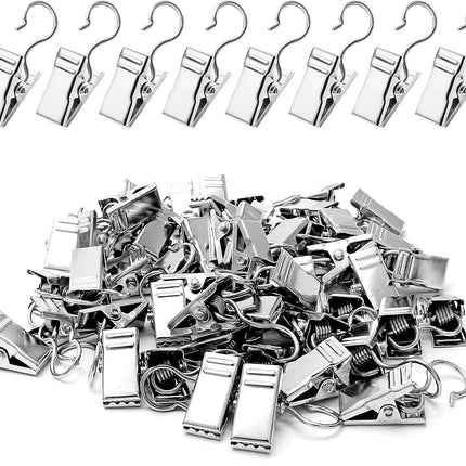 Small Hanging Clip for Curtains - 100 Pack Camper Awning Lights Clips with Light Hanger Hooks, Best for Camp Tent Photo Display Indoor Outdoor Decoration（Silver）.