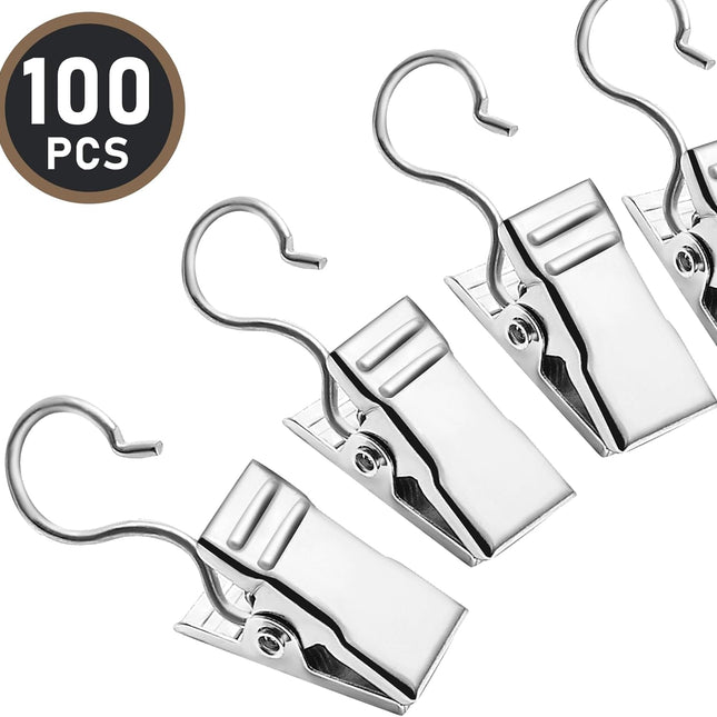 Small Hanging Clip for Curtains - 100 Pack Camper Awning Lights Clips with Light Hanger Hooks, Best for Camp Tent Photo Display Indoor Outdoor Decoration（Silver）.