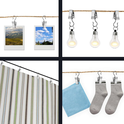 Small Hanging Clip for Curtains - 100 Pack Camper Awning Lights Clips with Light Hanger Hooks, Best for Camp Tent Photo Display Indoor Outdoor Decoration（Silver）.