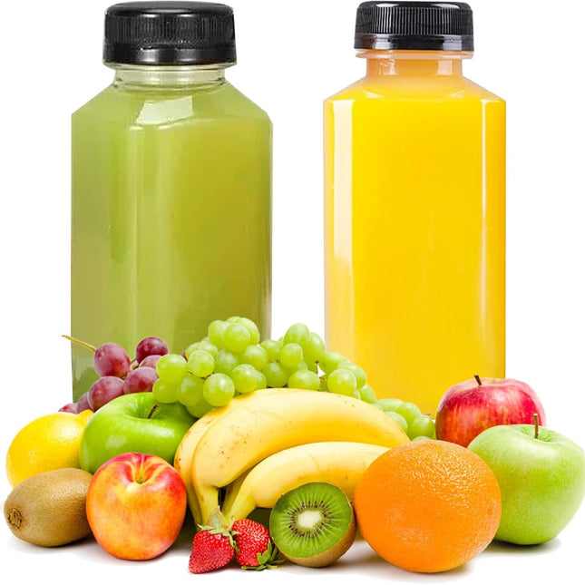 10 Pack 4oz Plastic Juice Bottles, Reusable Beverage Containers Clear with Black Lids, Versatile Drink Containers for Juice, Smoothies, Milk and Homemade Beverages, 120 mL.