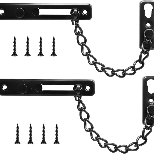 Heavy Duty Door Chain Lock with Mounting Screws, Stainless Steel Door Chain Guard for Front Doors, Pet Safe (Black, 2 Pack).